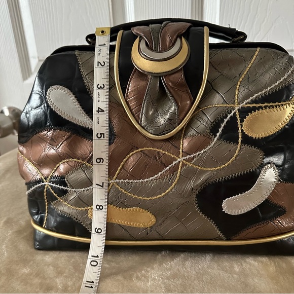 Vintage Faux Leather Patchwork Top Handle Handbag Black, silver, copper & Gold - Picture 14 of 15
